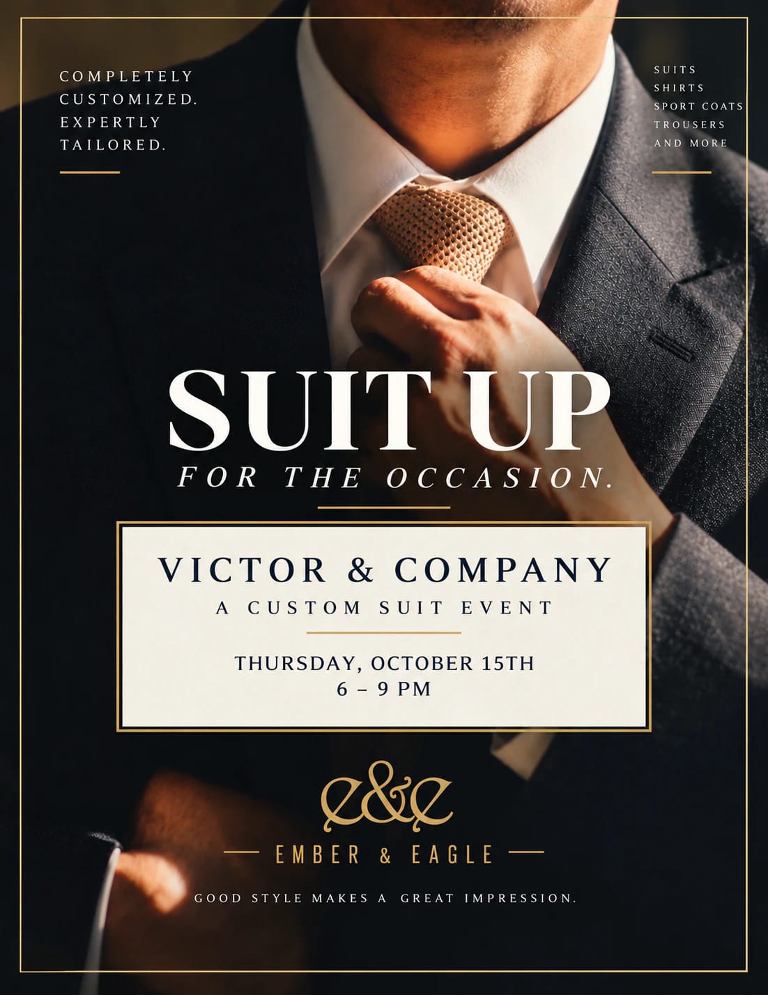 Suit Up for the Occasion. Victor & Company, a custom suit event at Ember & Eagle, Thursday, October 15th, 6 to 9 PM. Completely customized, expertly tailored: suits, shirts, sport coats, trousers and more. Good style makes a great impression.