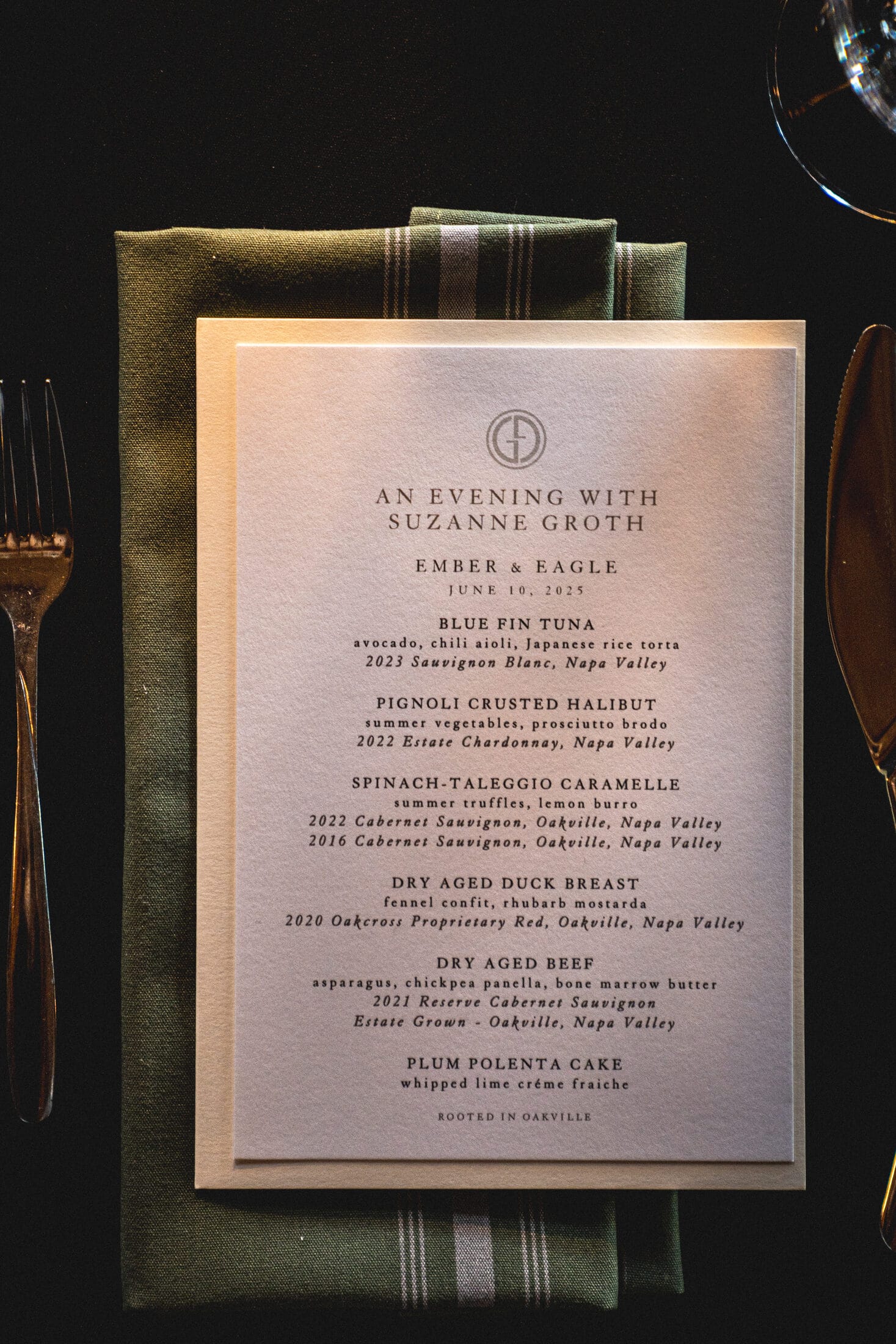 A printed wine dinner menu at Ember & Eagle